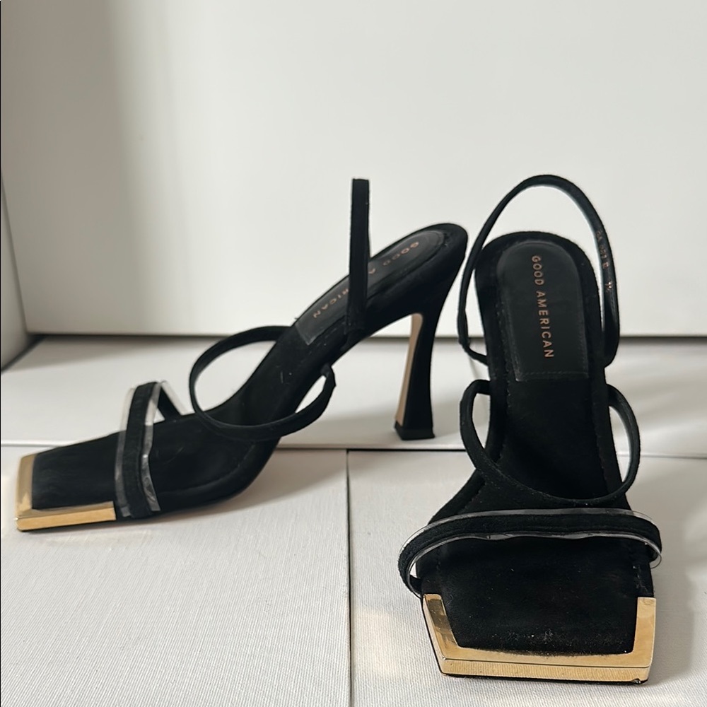 Good American Gold and Black Heels
